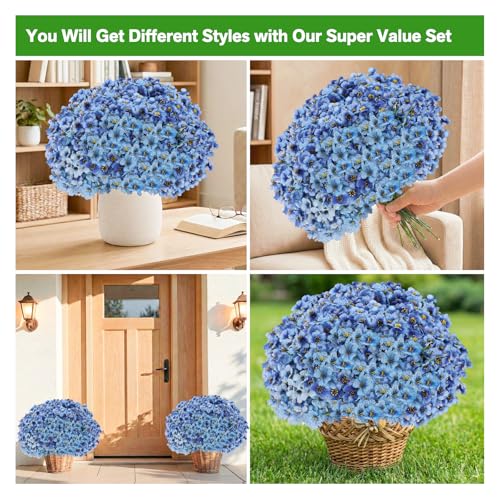 Powbrace 22-Pack Artificial Flowers, UV-Resistant Silk Fake Plants - Blue