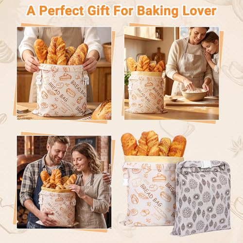 Senbowe Reusable Beeswax Bread Bags 17x13 Inch XL - Beige & Grey, Large Linen Storage with Zipper for Sourdough & Homemade Bread