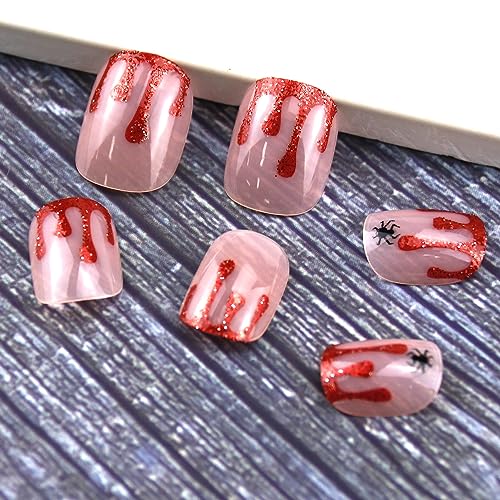 HOXIEYA Halloween Press on Nails Red Blood Spooky Spider Fake Nails Square