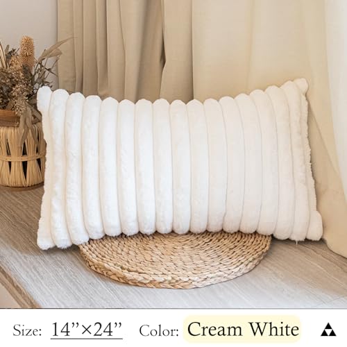 JoraLion Cream Faux Fur Lumbar Pillow Cover 14x24 inch - Soft & Cozy