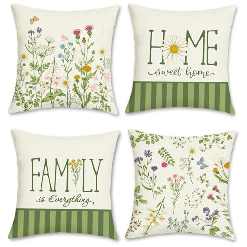 Bonhause Wildflower Throw Pillow Covers 18x18 Inch, Set of 4, Sage Green