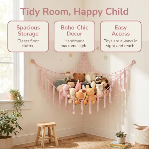 Large Cotton Stuffed Animal Storage Hammock - Pink Macrame Organizer