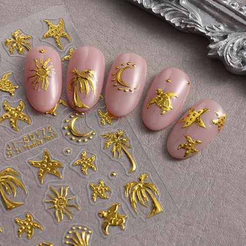 Qdsuh 5D Embossed Ocean Summer Nail Stickers Palm Tree Starfish Decals