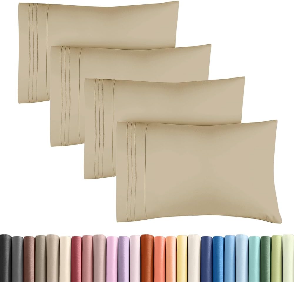 Skiennix Standard Pillow Cases Set of 4 - Ultra Soft Hotel Quality Covers - Machine Washable Beige