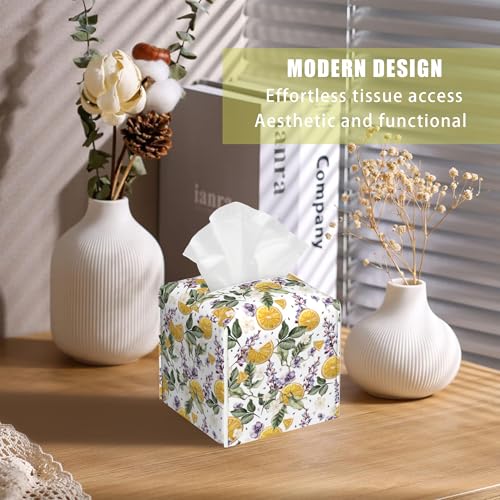Square Leather Tissue Box Cover - Orange Fruits & Lavender Floral Print