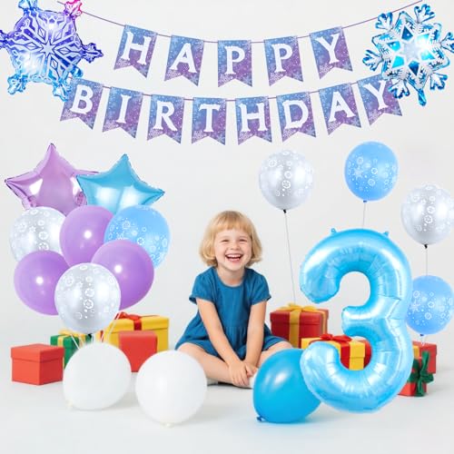 Chlororixia 3rd Birthday Party Decorations with 40 Inch Blue Number 3 Balloon and Festive Foil Snowflake Balloons - Variation 3