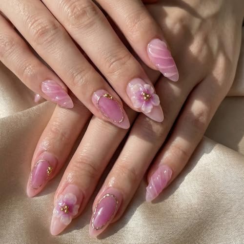 Octoswave Medium Almond Press on Nails Pink Artificial Nails with Flowers 30pcs