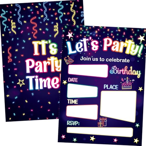 Neon Birthday Invitations with Envelopes - 20 Pack for Kids Parties