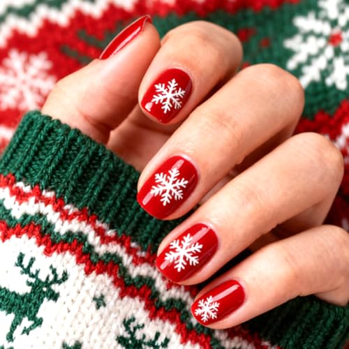 Christmas Press on Nails Short Square False Nails Red Snowflake Design
