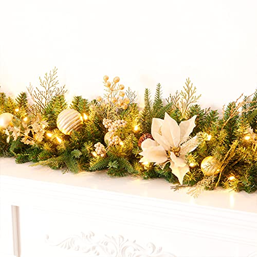 9FT Artificial Christmas Garland with Dual Color LED Lights - PVC, Gold Accents, Remote Timer