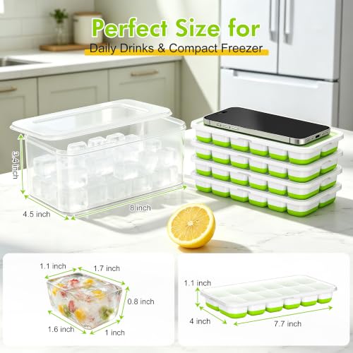 Green Ice Cube Tray with Lid & Bin - 4 Pack, Small, Stackable Freezer Mold