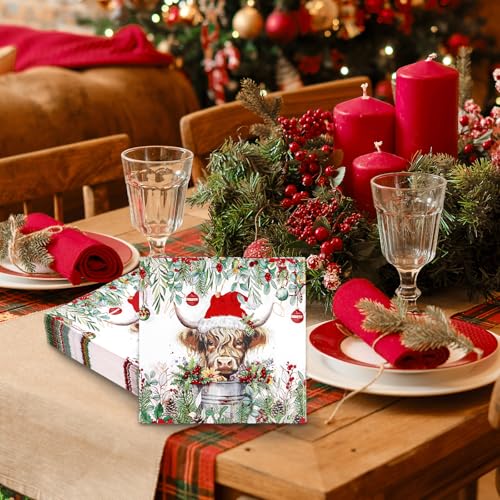 Christmas Highland Cow Paper Napkins - Disposable Holiday Party Decor 80 pcs