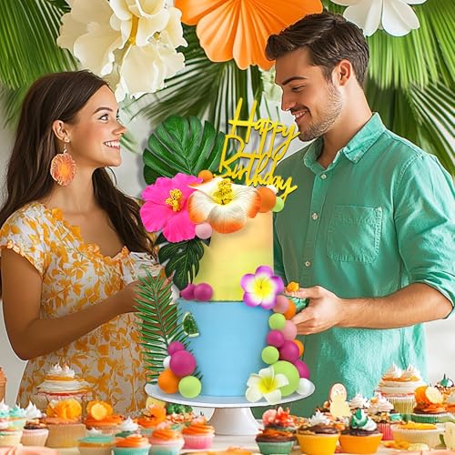 37pc Hawaiian Flower Cake Topper Set, Rose Orange Summer Party Decoration