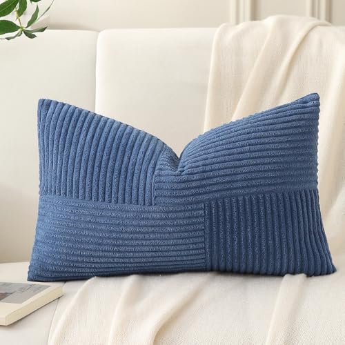Yosodeko 14x24 Inch Blue Corduroy Lumbar Pillow Cover - Farmhouse Boho Decor