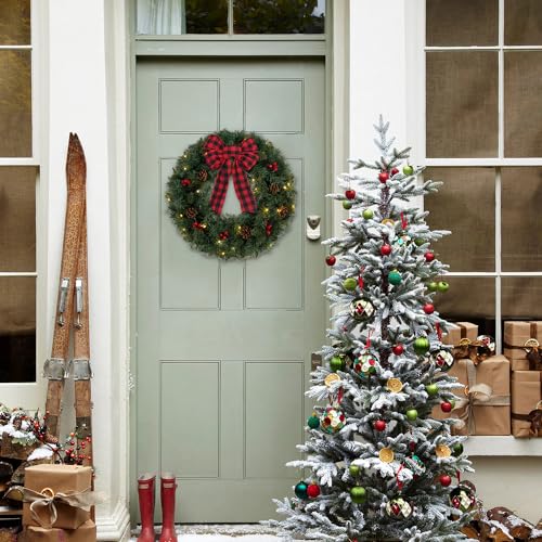 24 Inch Christmas Wreath with Lights and Red Green Variation