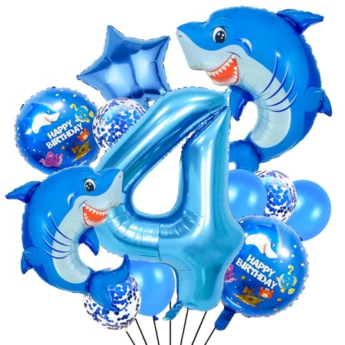 Giant Shark 4 Balloon - 40 Inch Blue Foil Number 4 for Kids Birthday Party (Shark-4)