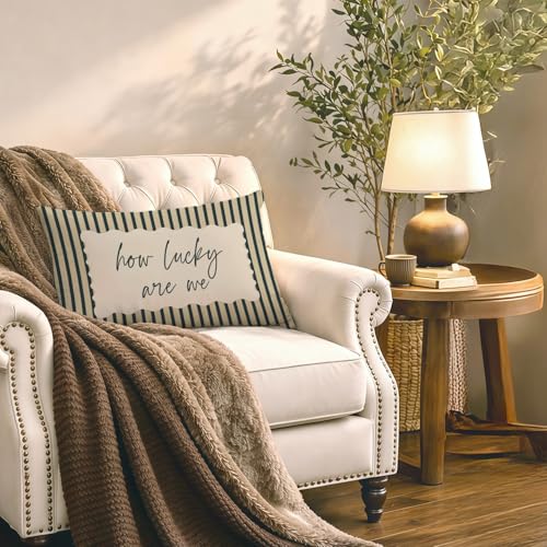 FOPENEM Lucky Inspirational Pillow Cover 12x20 White Farmhouse Decor