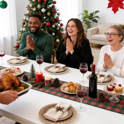 Christmas Plaid Table Runners Set - 72x13 Inch Scottish Tartan Holiday Decor - Green & Red