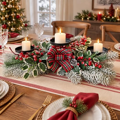 24 Inch Christmas Centerpiece with Candles, Pine Sprigs & Faux Snow