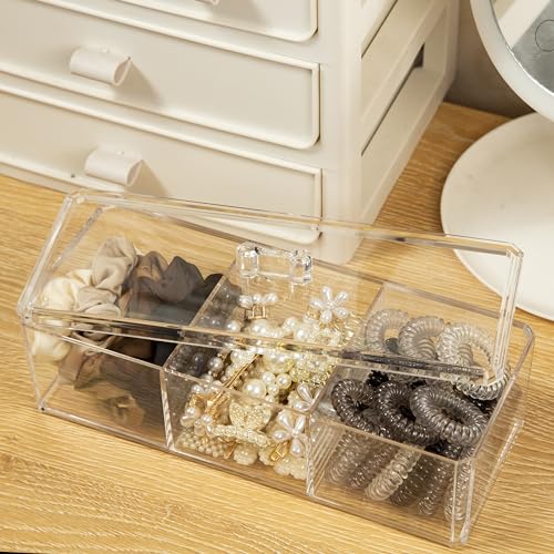 Acrylic Hair Accessories Organizer with Lid - 3 Compartments for Hair Ties, Clips & Bows