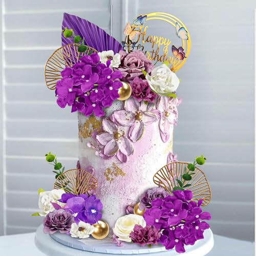 25-Piece Purple Floral Cake Topper Set for Birthday and Wedding Cakes