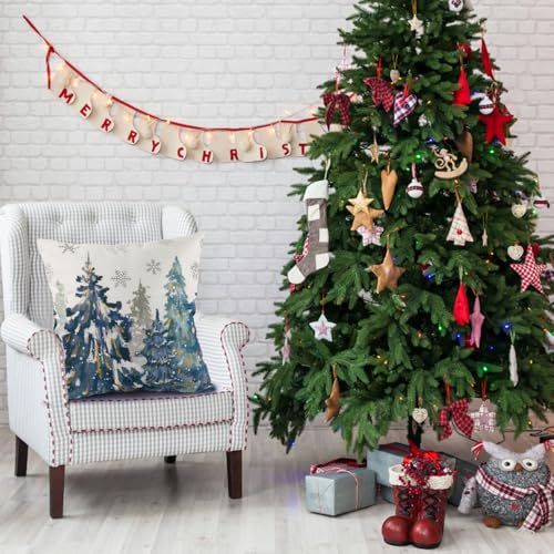 Heirloom Haven 4-Pack Christmas Pillow Covers 18x18in Blue Oil Painting Holiday Decor