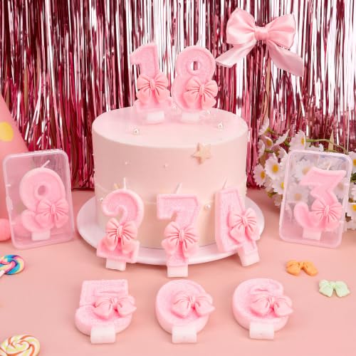 LASILE Pink Bow Number 10 Birthday Candle 3.4 Inch Glitter Cake Topper Girl Party Decor