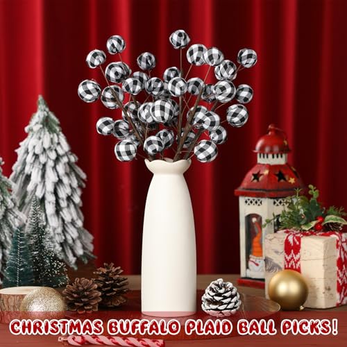 Christmas Buffalo Plaid Ball Picks - Black and White 12 Inch Set of 6