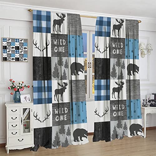Moose Bear Bedroom Curtains - 26x84 Inch Pack of 2, Grey Blue Plaid Deer Silhouette Room Darkening Drapes, Holiday Christmas Decor