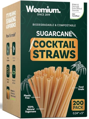 Weemium Biodegradable Sugarcane Cocktail Straws - 200 Count, 5 Inch