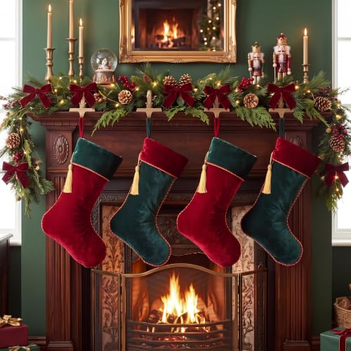 Kinlop 4 Pcs Velvet Christmas Stockings - Dark Green, 18 Inch Holiday Decor