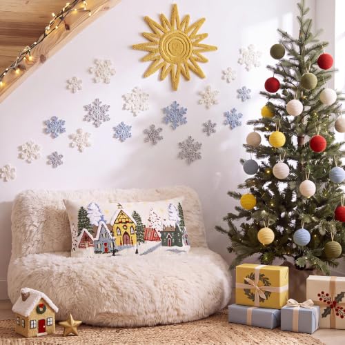 White 20x12 Inch Christmas Village Pillow Cover Snowy Town Scene Embroidered