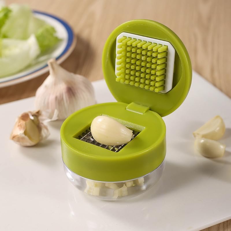Mini Garlic Chopper and Press - Stainless Steel Mincer with Container