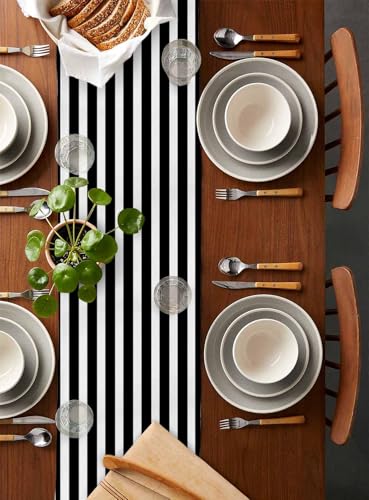 Black White Striped Table Runner 13x48 Inches for Dining & Holiday Decor - Farmhouse Style
