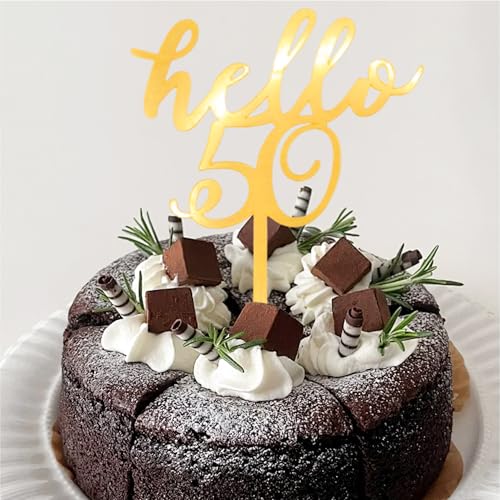 Gold Hello 50 Cake Topper - Elegant Acrylic Birthday Decoration