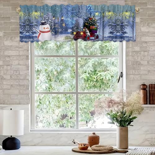 Blue 54x18 Inch 2 Panel Window Valance – Rustic Xmas Snowflake Pine Tree Snowman
