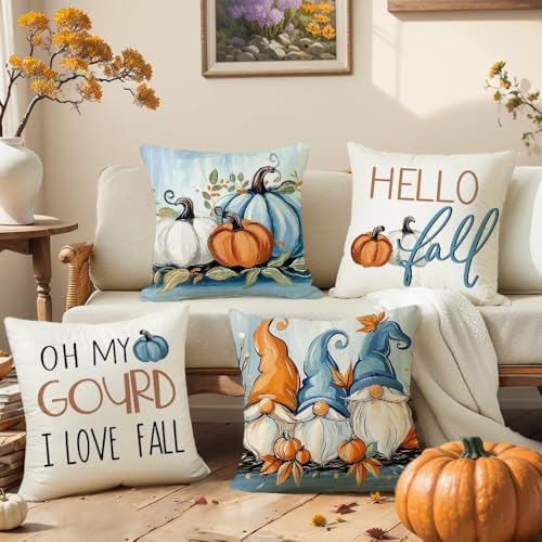Fall Beach Gnome Pillow Covers 20x20 Inch Set of 4 - Pumpkin Decor