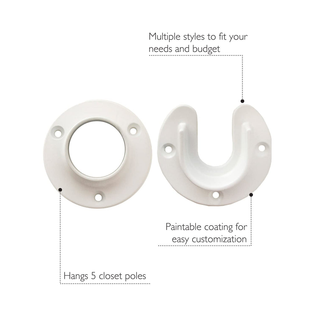 Design House Closet Rod Brackets, Fits Standard Closet Rods, Durable, White, 5-Pack Closet Rod Support Sockets, 2.75 in. Diameter x 0.88 in.W, 182717