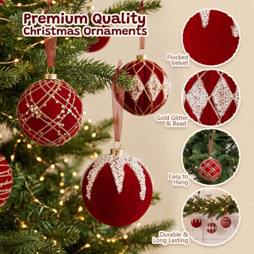 Red Velvet Christmas Ornaments Set - 12 Pieces, 3.15 Inch Flocking Holiday Balls, Variation of THIS listing