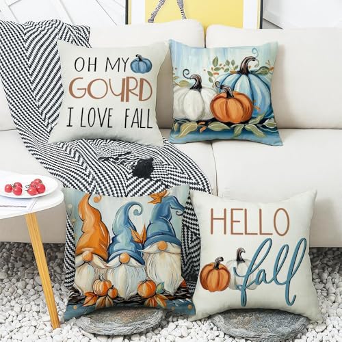 Fall Beach Gnome Pillow Covers 20x20 Inch Set of 4 - Pumpkin Decor