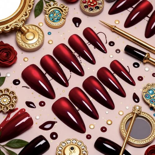 Red Cat Eye Press on Nails Medium Almond Dark Burgundy Fake Nails Kit