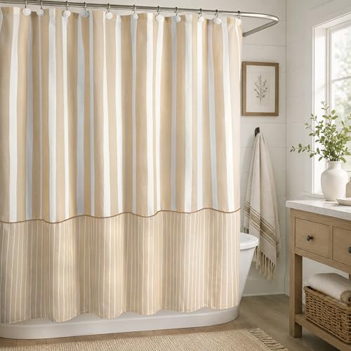 Sunlit Farmhouse Striped Shower Curtain, Beige Faux Linen, 72" x 72"