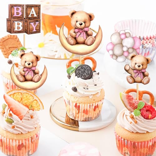 24 Pink Bear Cake Toppers for Baby Shower & Birthday Parties