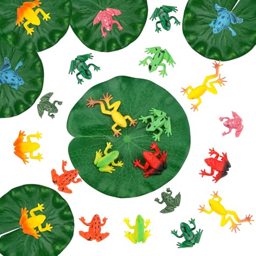 24 Mini Plastic Frog Toys & Lily Pads - Realistic Pool Decor