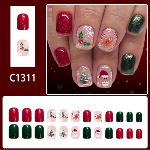 Christmas Press On Nails Short Square Fake Nails Winter Holiday Acrylic Nail Set