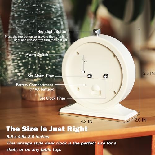 AYRELY 5.5" Vintage Metal Alarm Clock - Silent Retro Desk Clock in White