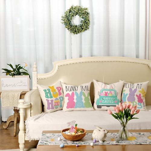 GEEORY Easter Pillow Covers 18x18, Set of 4 Farmhouse Spring Throw Pillows