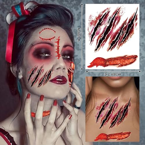 XZENTIRA 30 Sheets Halloween Zombie Temporary Tattoos Fake Scars Wounds