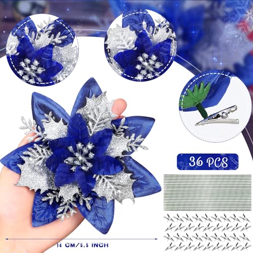 108 Pieces Christmas Glitter Poinsettia Flowers with Clips & Stems - Navy Blue