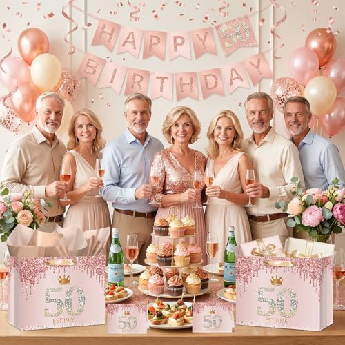 50th Birthday Gift Bag for Women Est 1976 Rose Gold with Tissue Paper